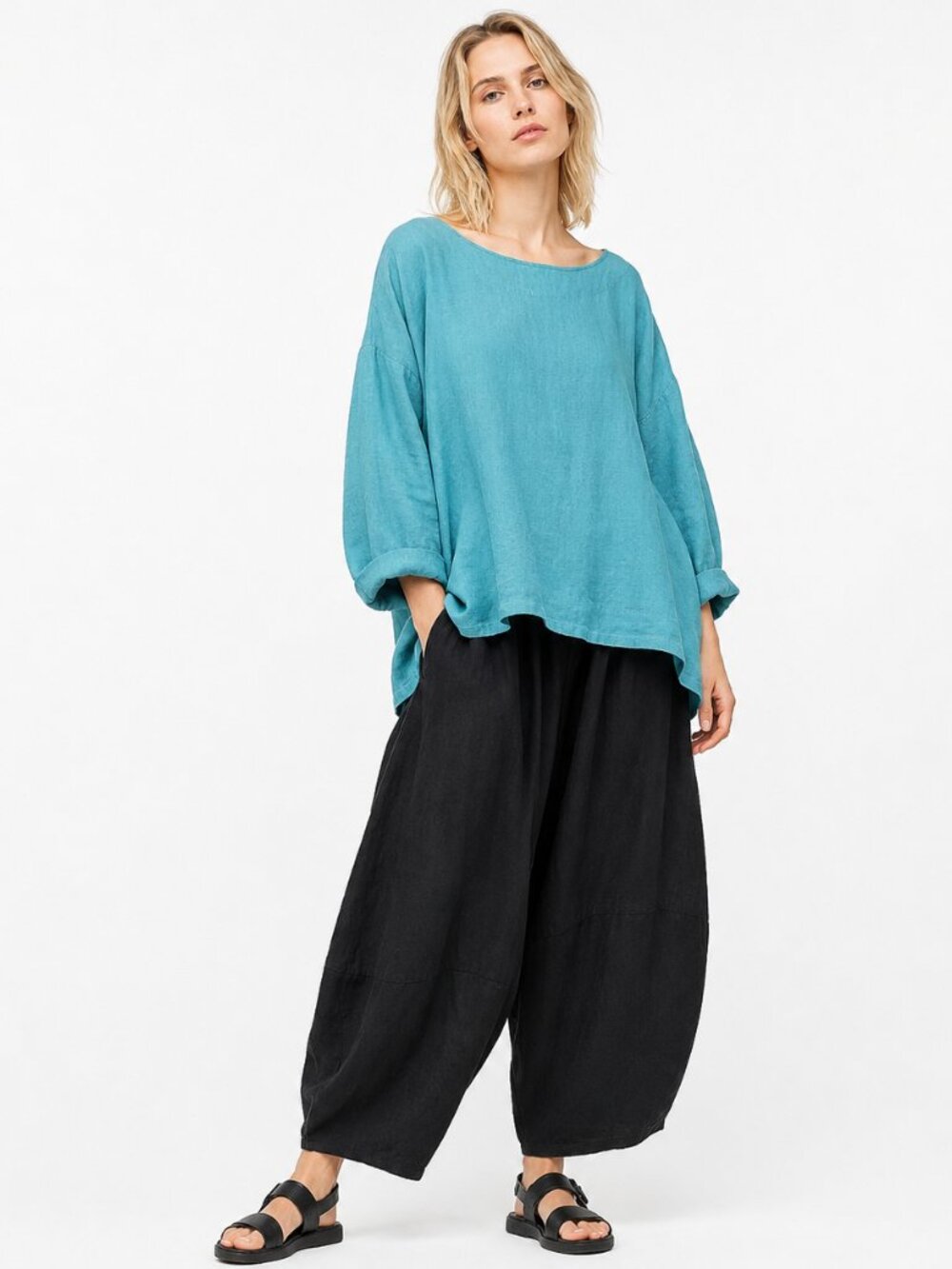 Bryn Walker 100% Linen Boxy Tunic Top Long Sleeve Lagenlook Blue size L Casual